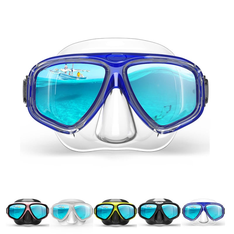 COPOZZ Youth Scuba Mask, Low Volume No Fogging Snorkeling Dive Glasses, Tempered Glass, Blue, Adult, 2 Windows, Silicone Frame, Adjustable Silicone Strap - Image 1
